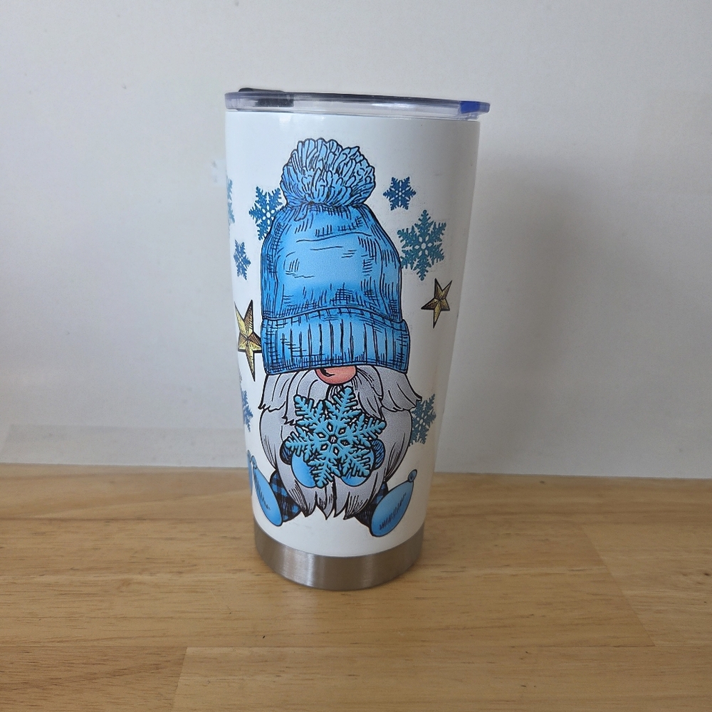 Gnome Tumbler with Blue Hat and Snowflakes Stainless Steel